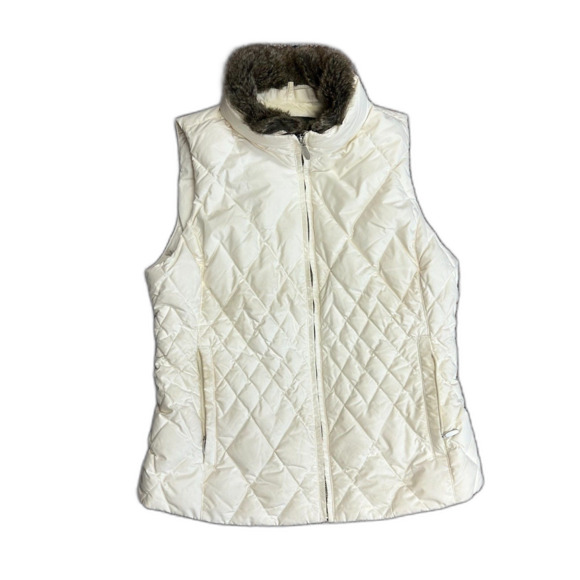 Eddie Bauer Ivory Faux Fur Collar Quilted Premium Goose Down Zip Up Vest Size S - Picture 2 of 15
